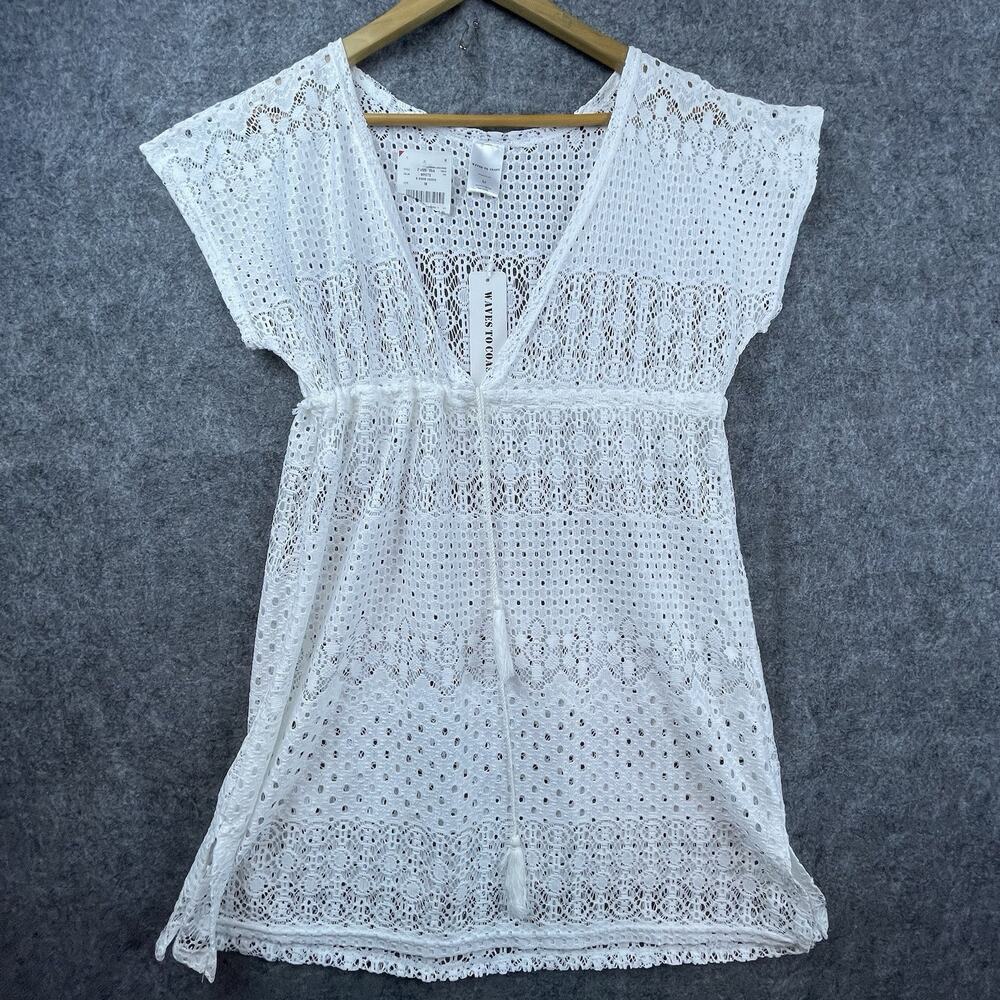 Waves To Coast Dress Medium White Knit Crochet Coverup Tassels‎ Lightweight